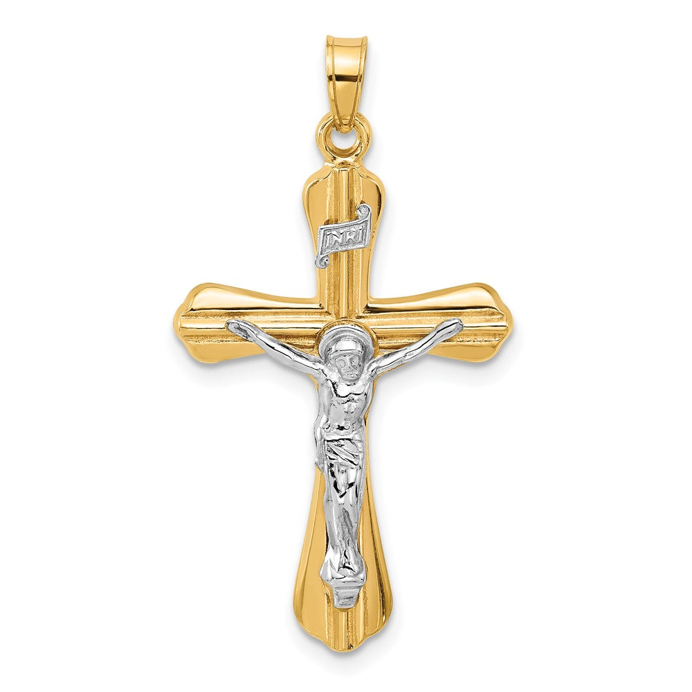 14K Two-Tone Grooved Hollow Inri Crucifix Pendent