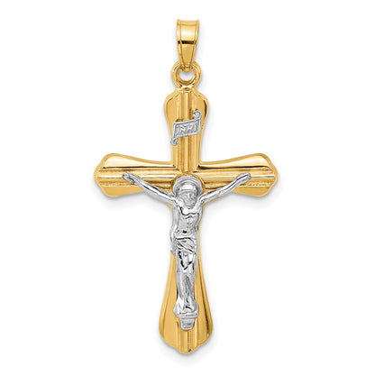14K Two-Tone Grooved Hollow Inri Crucifix Pendent