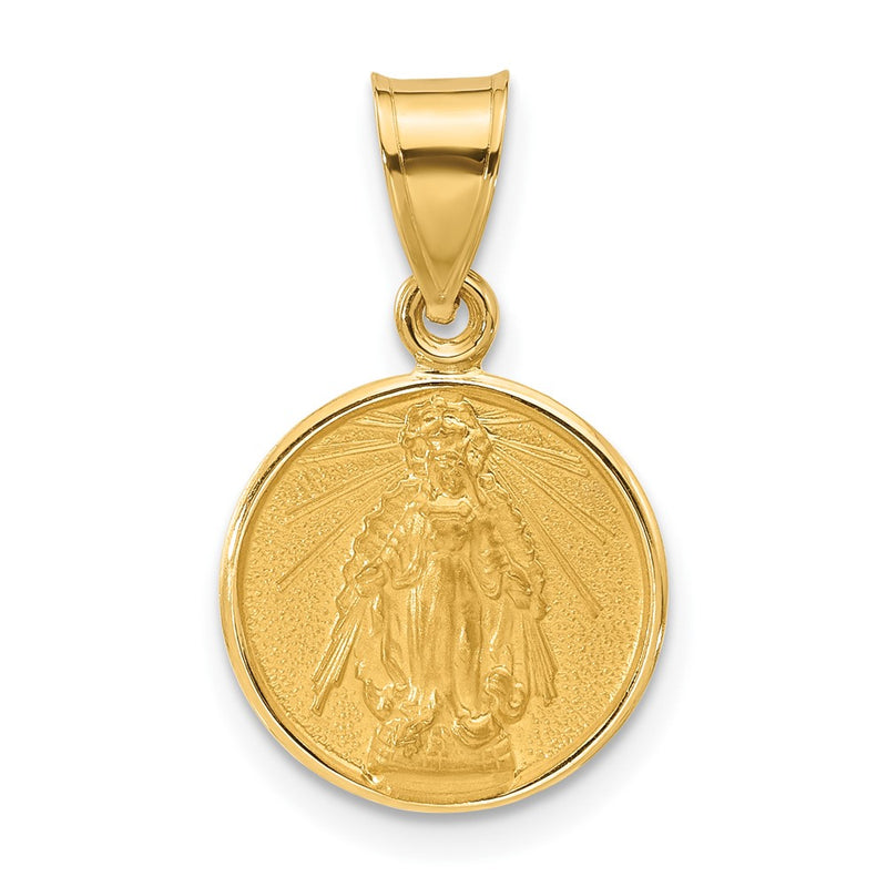 14K Yellow Gold Polished and Satin Solid Miraculous Mary Plain Back Medal