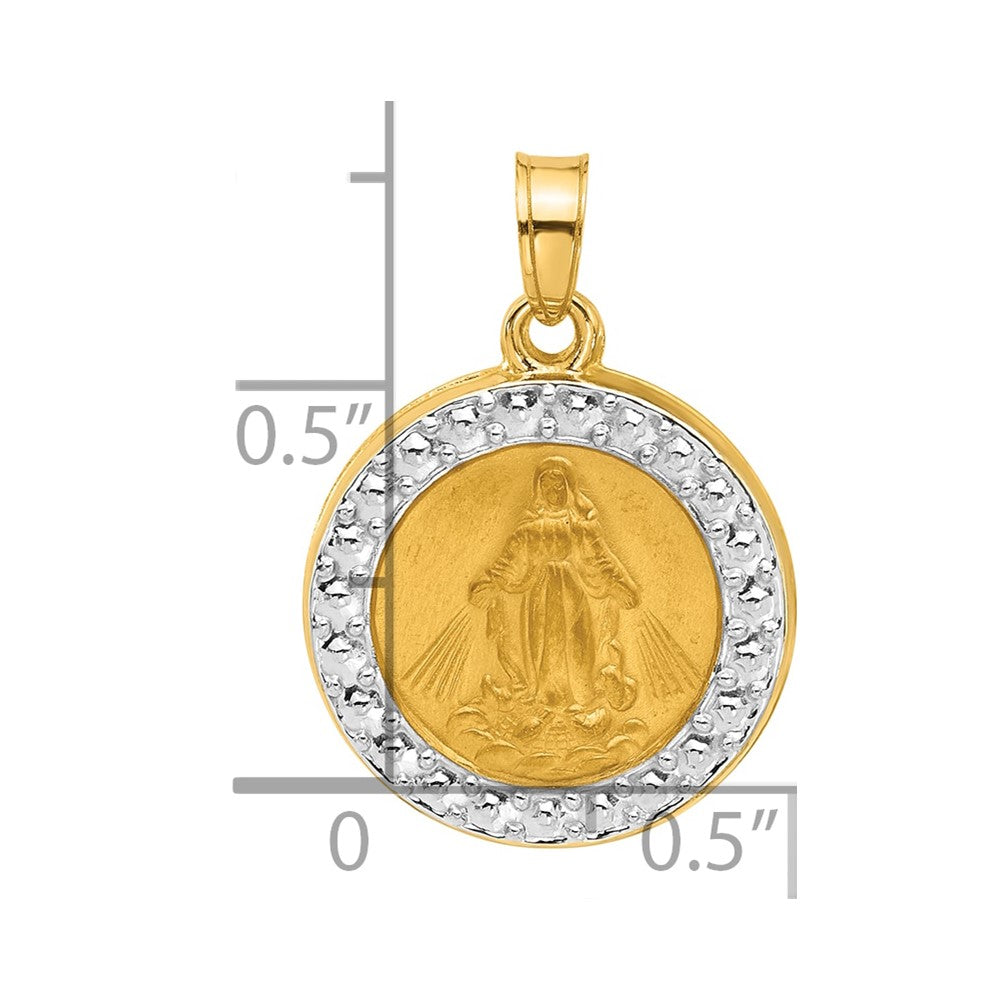 14K Yellow & Rhodium and White Rhodium Hollow Miraculous Mary Plain Back Medal