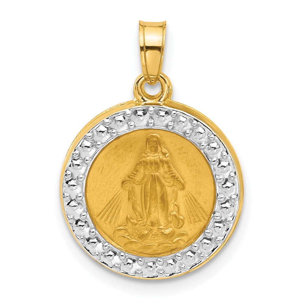 14K Yellow & Rhodium and White Rhodium Hollow Miraculous Mary Plain Back Medal