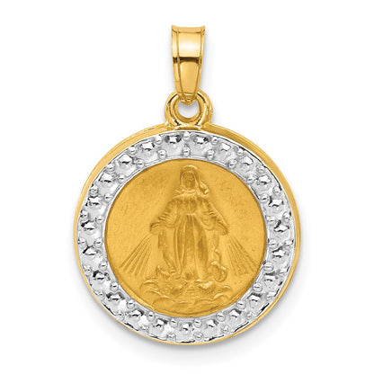 14K Yellow & Rhodium and White Rhodium Hollow Miraculous Mary Plain Back Medal