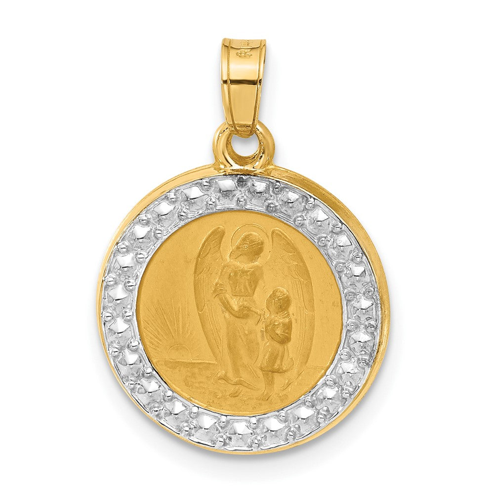 14K Yellow & Rhodium and White Rhodium Hollow Our Guardian Angel Medal