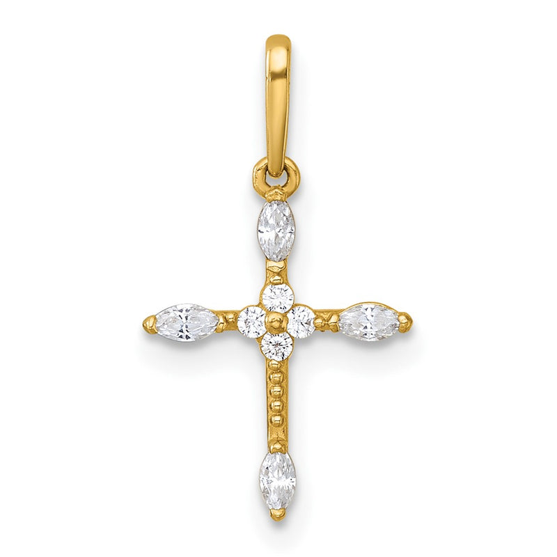 14K Yellow Gold Polished and Beaded Fancy CZ Cross Pendant