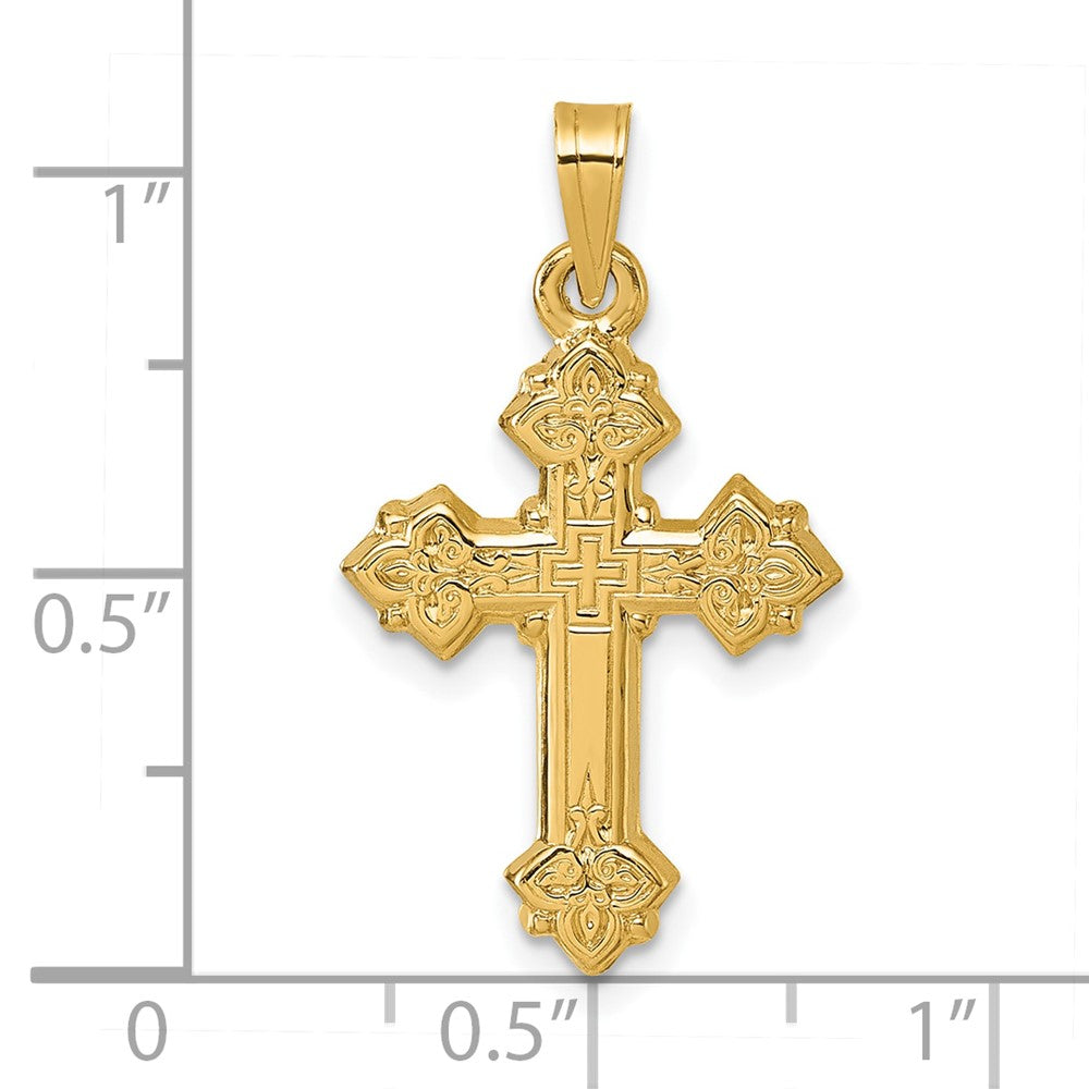 14K Yellow Gold Polished Fleur De Lis Cross Pendant