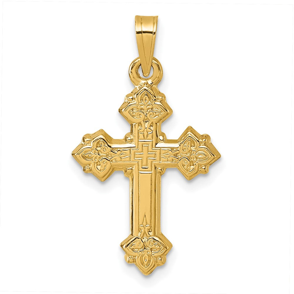 14K Yellow Gold Polished Fleur De Lis Cross Pendant