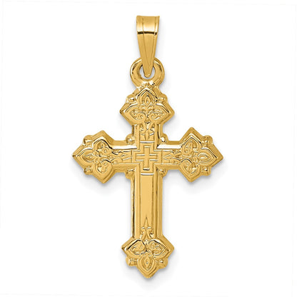 14K Yellow Gold Polished Fleur De Lis Cross Pendant