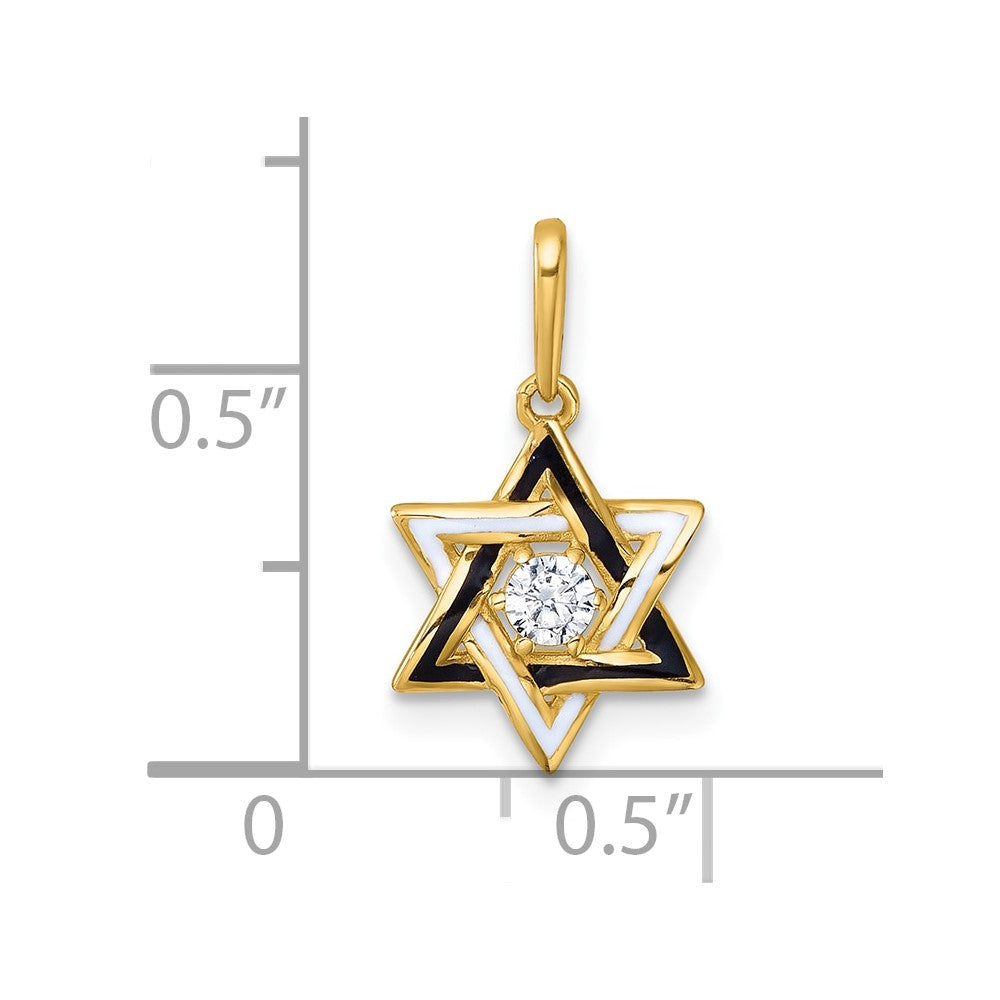 14K Yellow Gold Polished Black & White Enameled and CZ Star of David Pendant
