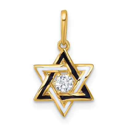 14K Yellow Gold Polished Black & White Enameled and CZ Star of David Pendant