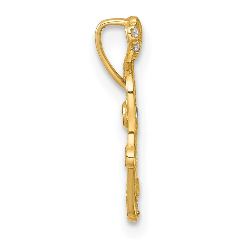 14K Yellow Gold Polished White and Blue CZ Hamsa Chain Slide Pendant