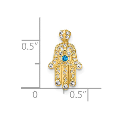 14K Yellow Gold Polished White and Blue CZ Hamsa Chain Slide Pendant