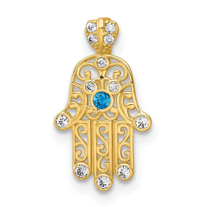 14K Yellow Gold Polished White and Blue CZ Hamsa Chain Slide Pendant
