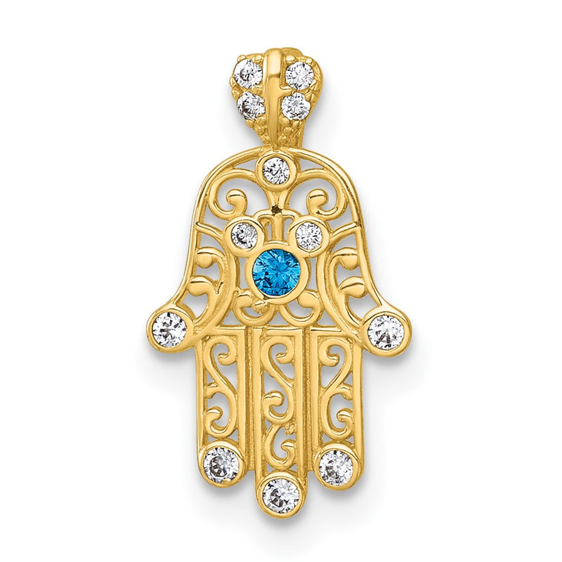 14K Yellow Gold Polished White and Blue CZ Hamsa Chain Slide Pendant