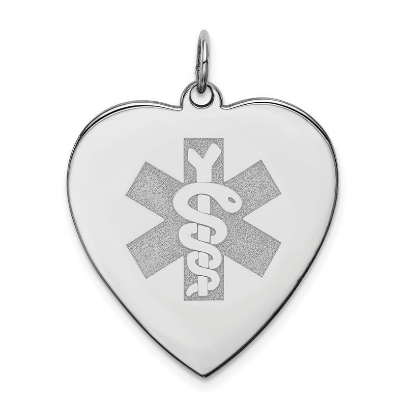 Sterling Silver Rhodium Engraveable Non Enameled Heart Medical Pendant