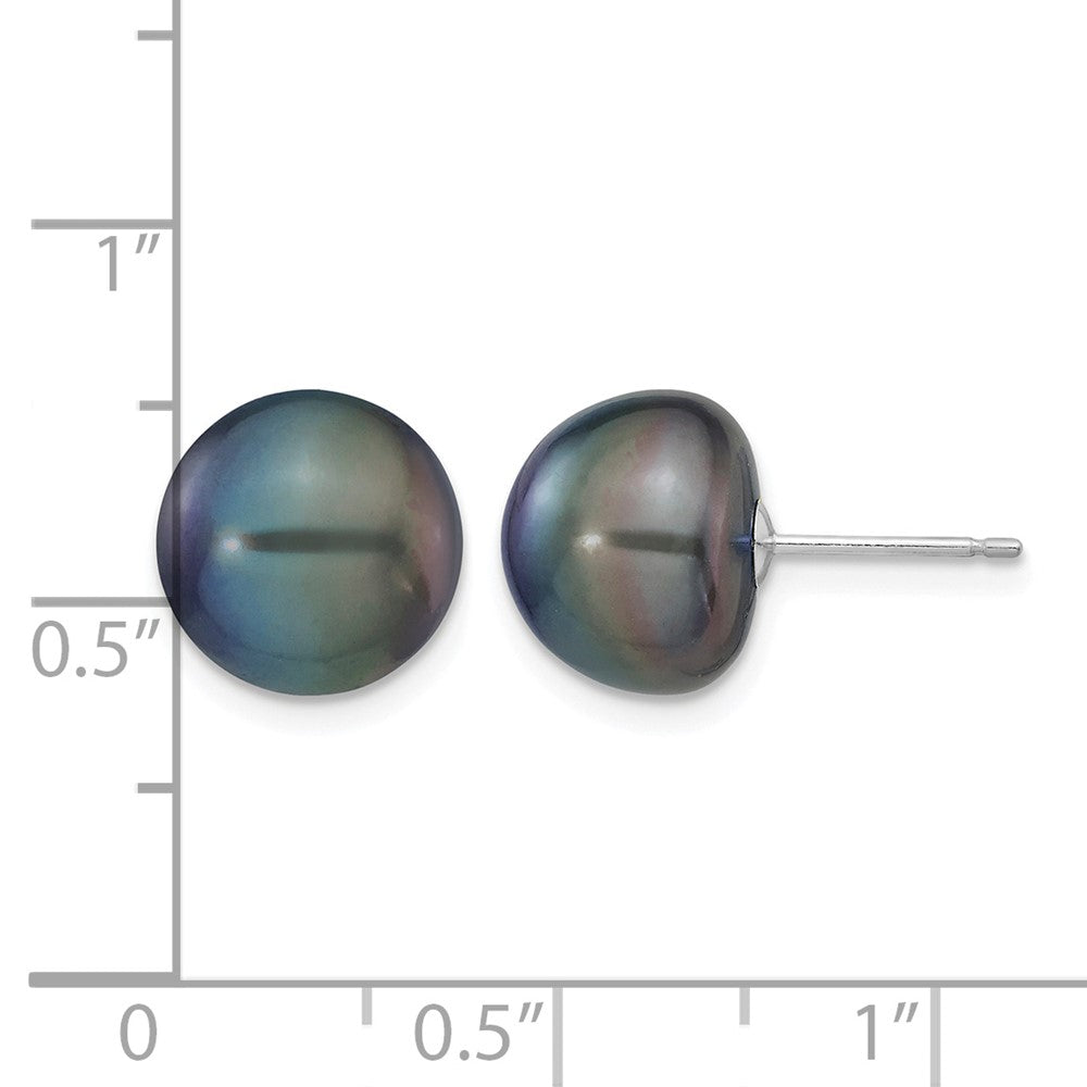 14K White Gold 10-11mm Black Button Freshwater Cultured Pearl Stud Post Earrings