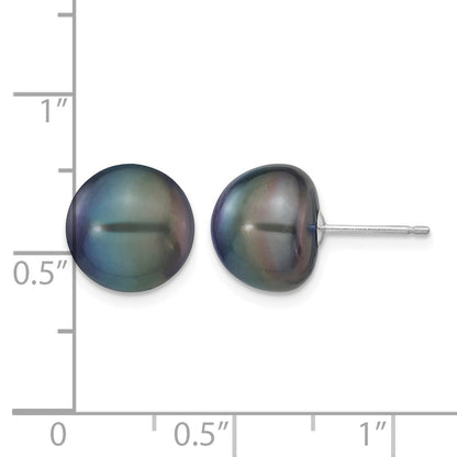 14K White Gold 10-11mm Black Button Freshwater Cultured Pearl Stud Post Earrings