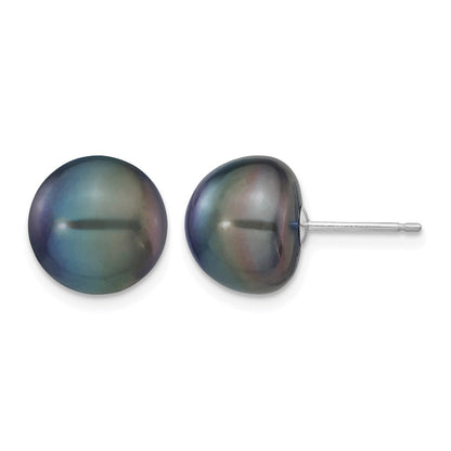 14K White Gold 10-11mm Black Button Freshwater Cultured Pearl Stud Post Earrings