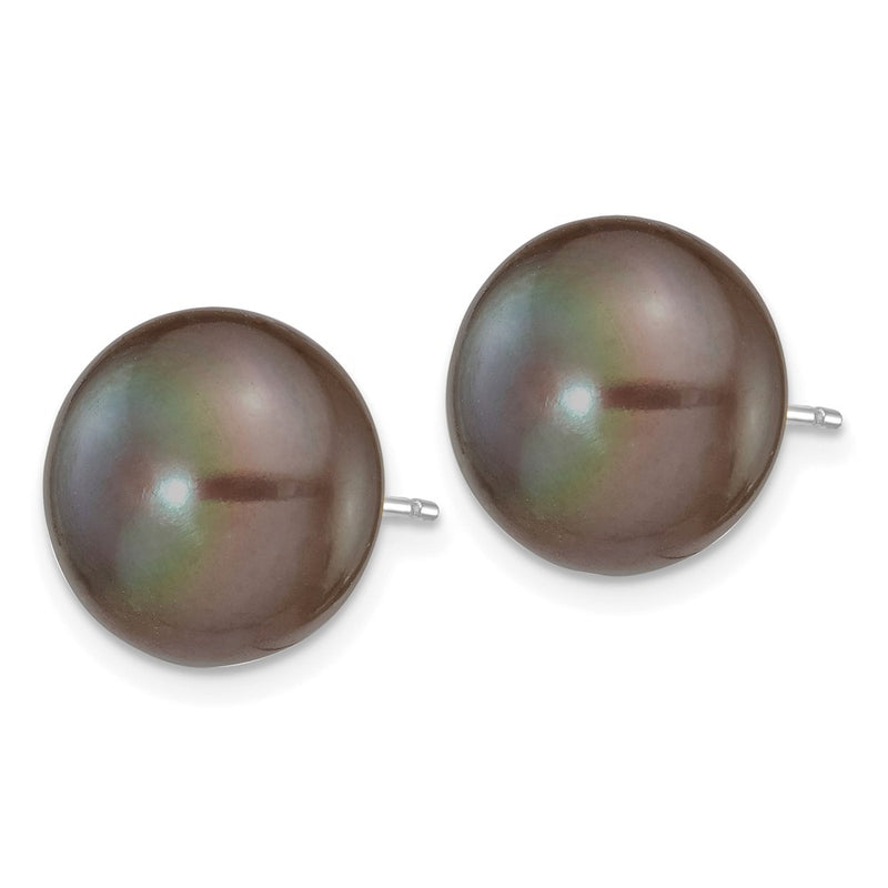 14K White Gold 11-12mm Black Button Freshwater Cultured Pearl Stud Post Earrings