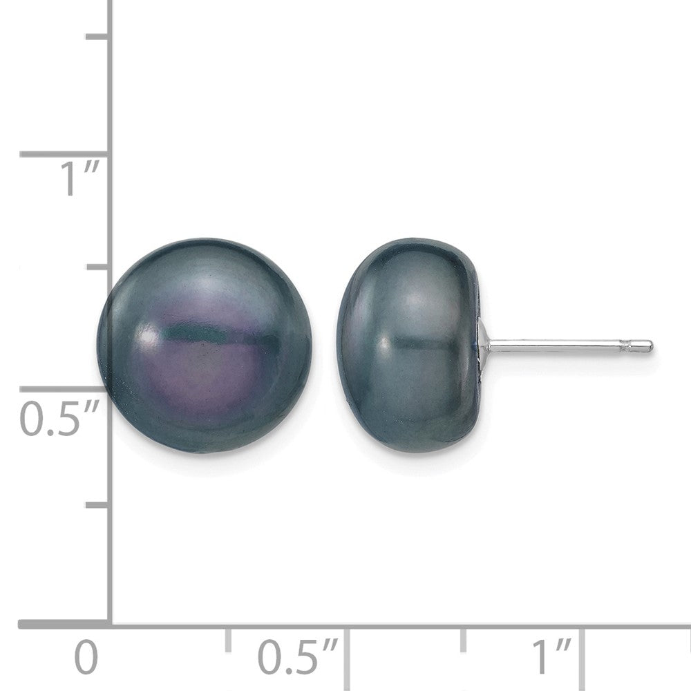 14K White Gold 11-12mm Black Button Freshwater Cultured Pearl Stud Post Earrings