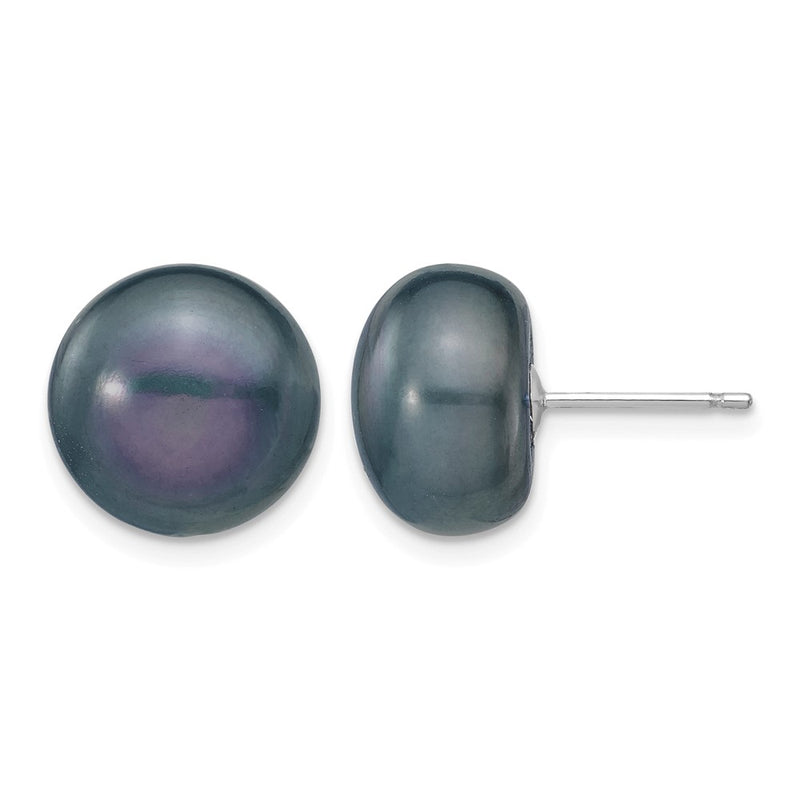 14K White Gold 11-12mm Black Button Freshwater Cultured Pearl Stud Post Earrings
