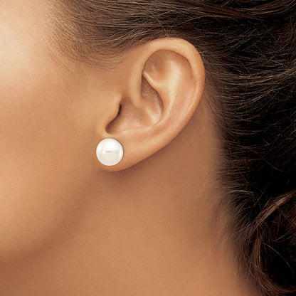 14K White Gold 11 12mm Button Freshwater Cultured Pearl Stud Post Earrings
