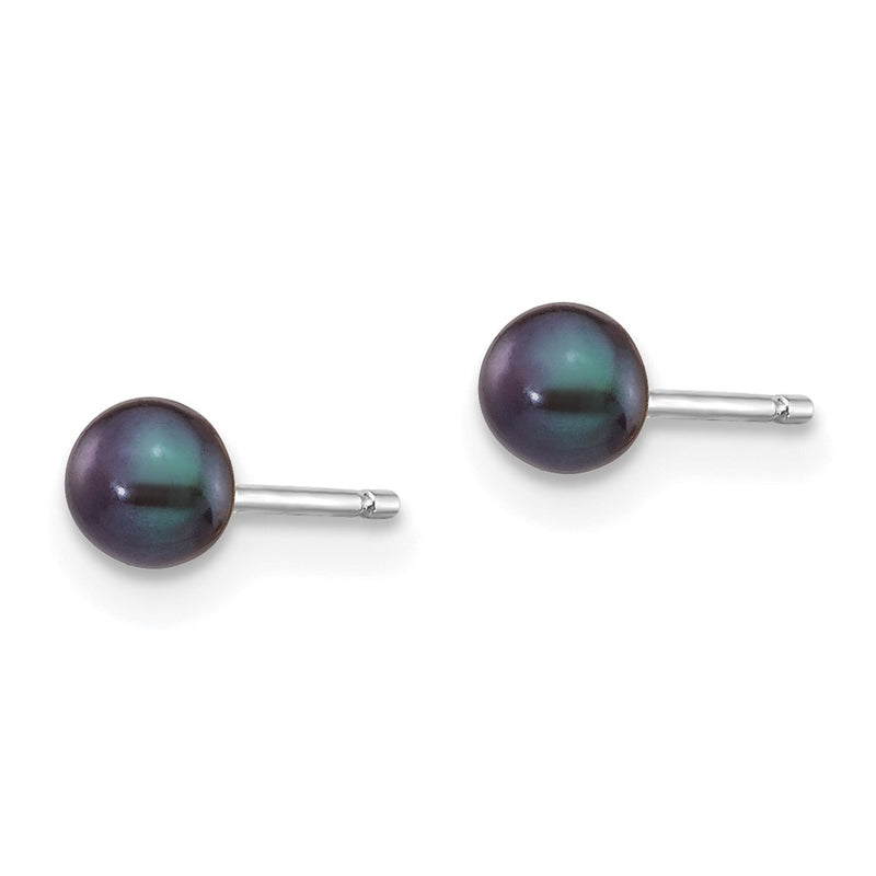 14K White Gold 3-4mm Black Button Freshwater Cultured Pearl Stud Post Earrings