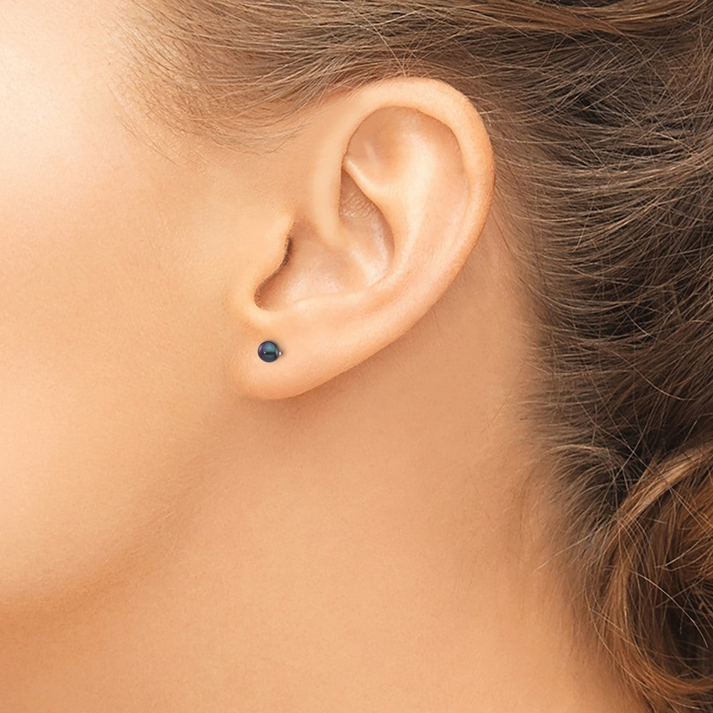 14K White Gold 3-4mm Black Button Freshwater Cultured Pearl Stud Post Earrings