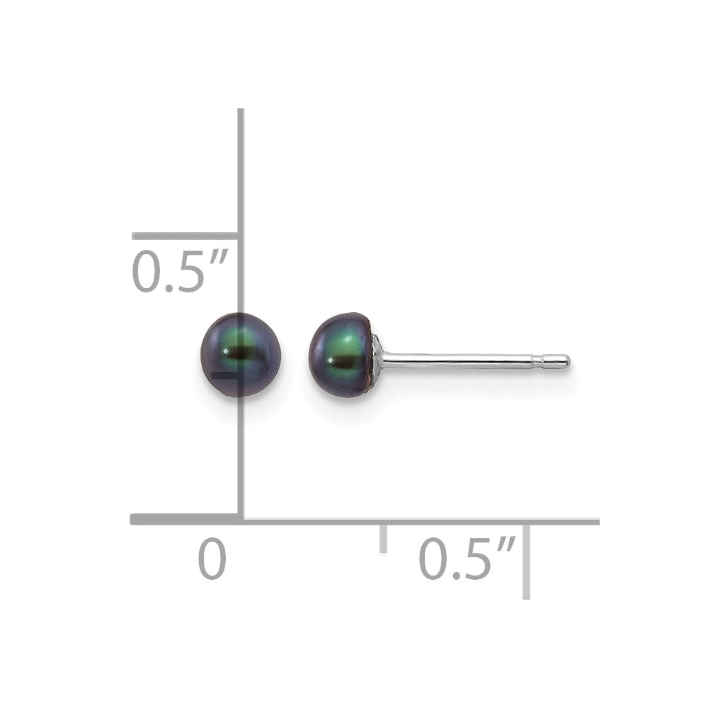 14K White Gold 3-4mm Black Button Freshwater Cultured Pearl Stud Post Earrings