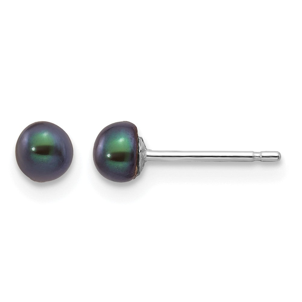 14K White Gold 3-4mm Black Button Freshwater Cultured Pearl Stud Post Earrings