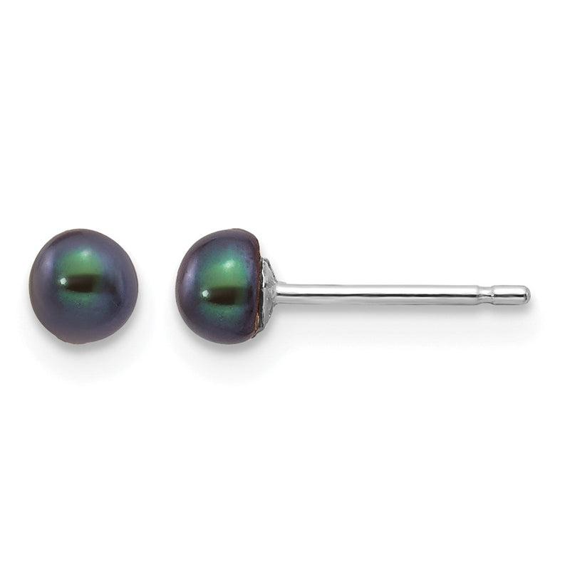 14K White Gold 3-4mm Black Button Freshwater Cultured Pearl Stud Post Earrings