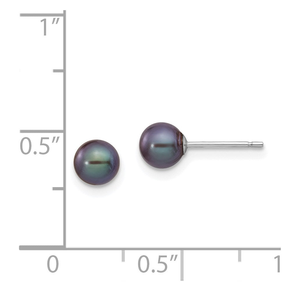 14K White Gold 5 6mm Black Round Freshwater Cultured Pearl Stud Post Earrings
