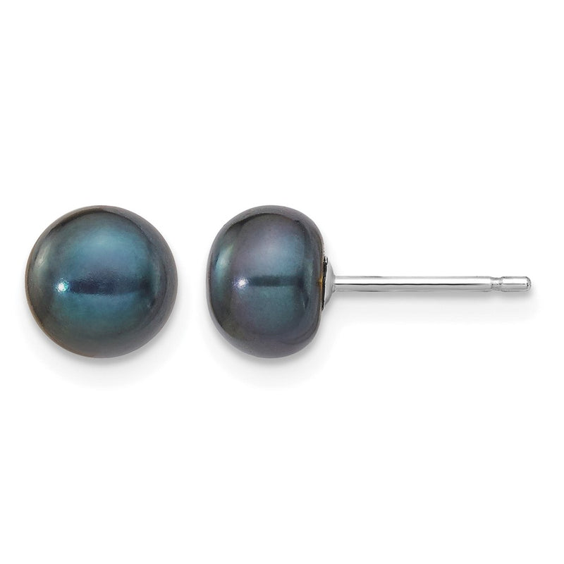 14K White Gold 6-7mm Black Button Freshwater Cultured Pearl Stud Post Earrings