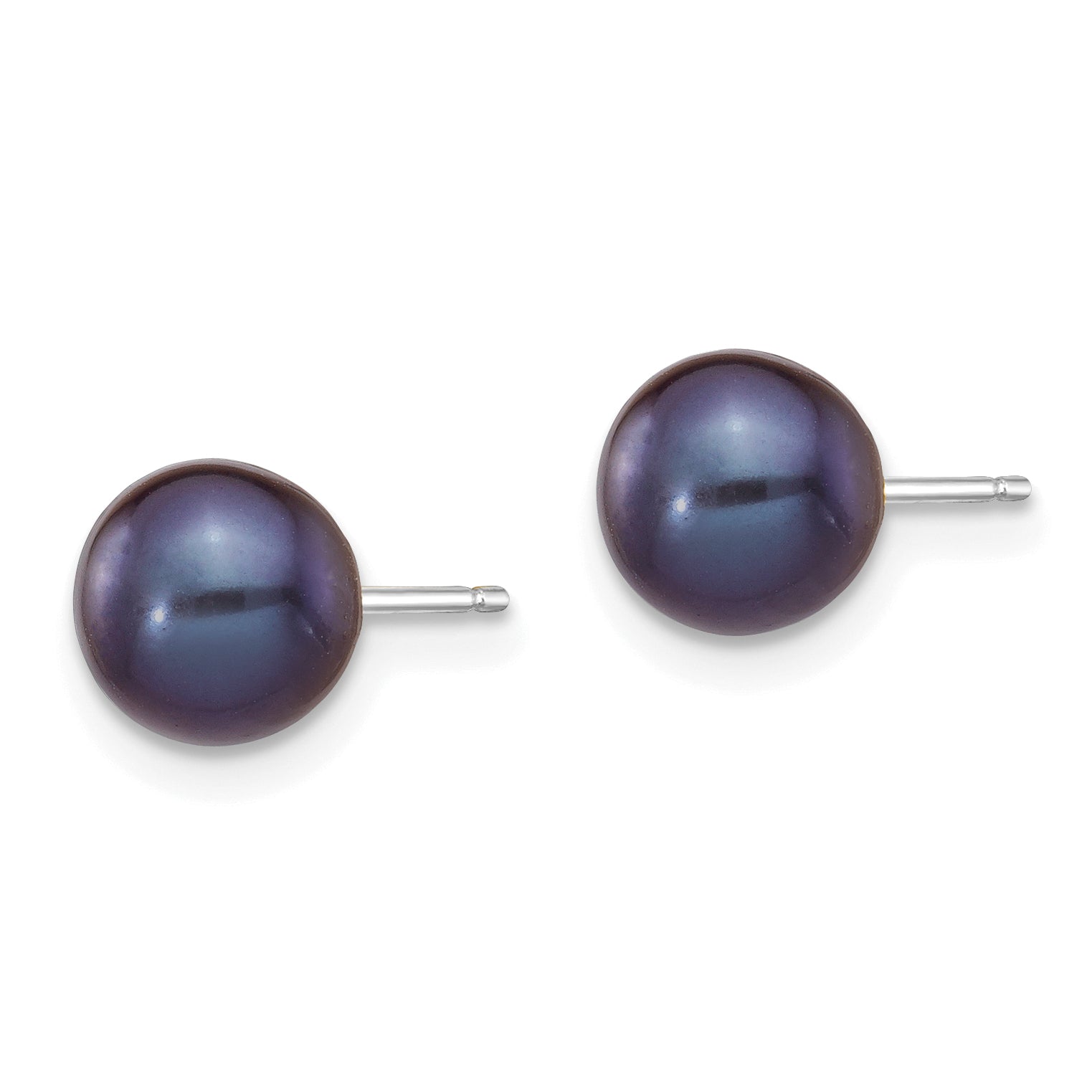 14K White Gold 6 7mm Black Round Freshwater Cultured Pearl Stud Post Earrings
