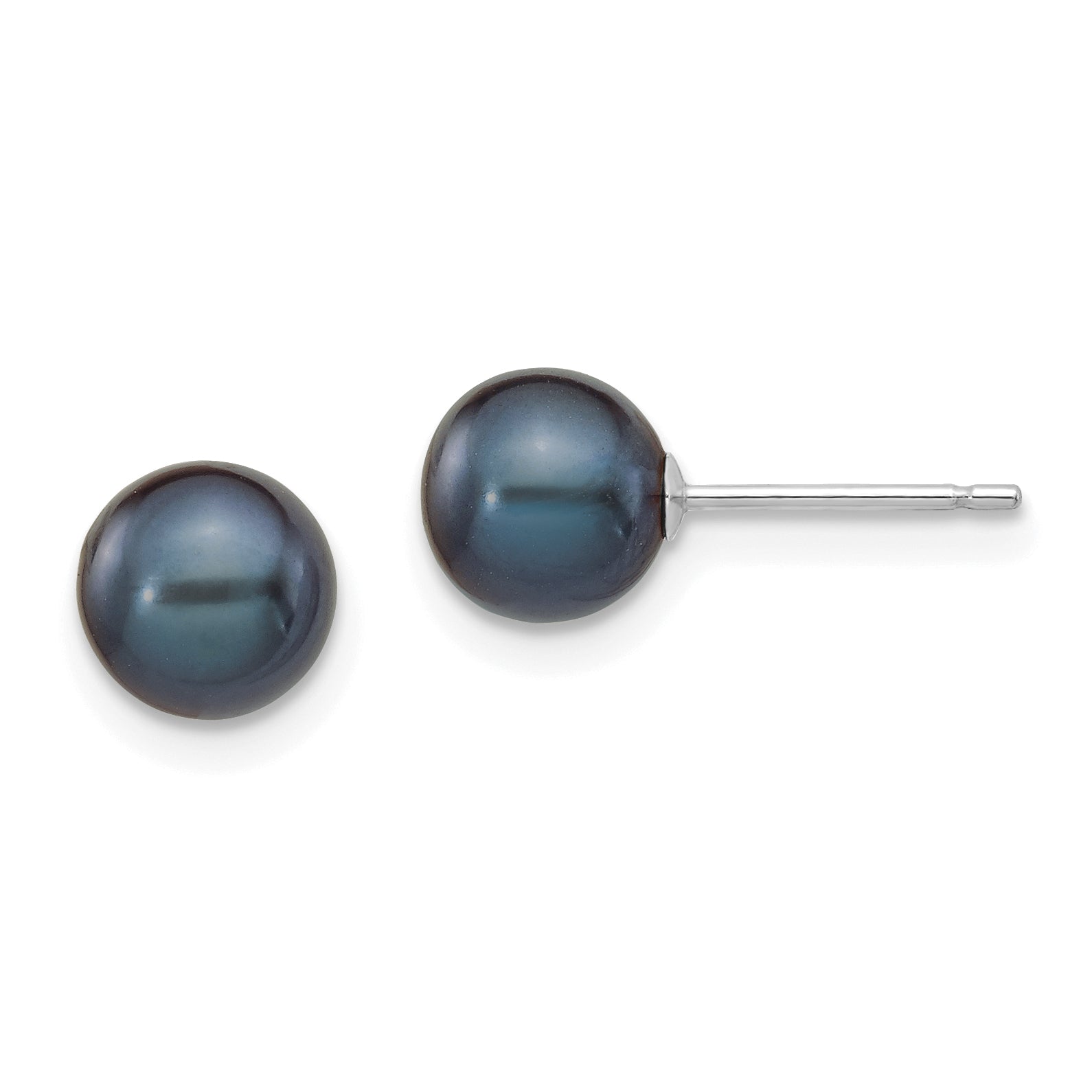 14K White Gold 6 7mm Black Round Freshwater Cultured Pearl Stud Post Earrings
