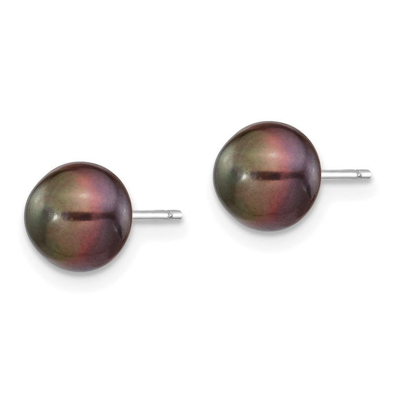 14K White Gold 7-8mm Black Button Freshwater Cultured Pearl Stud Post Earrings