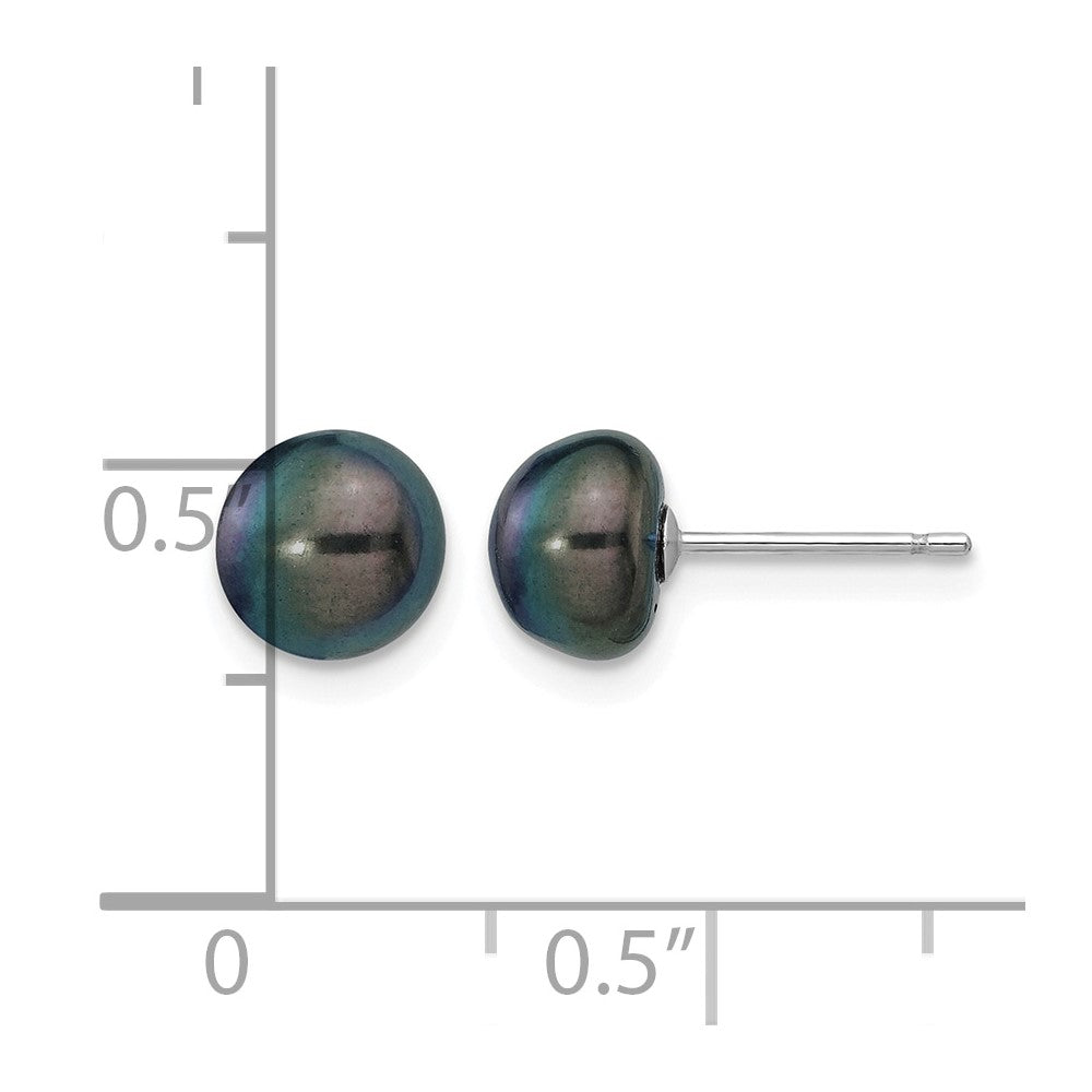 14K White Gold 7-8mm Black Button Freshwater Cultured Pearl Stud Post Earrings