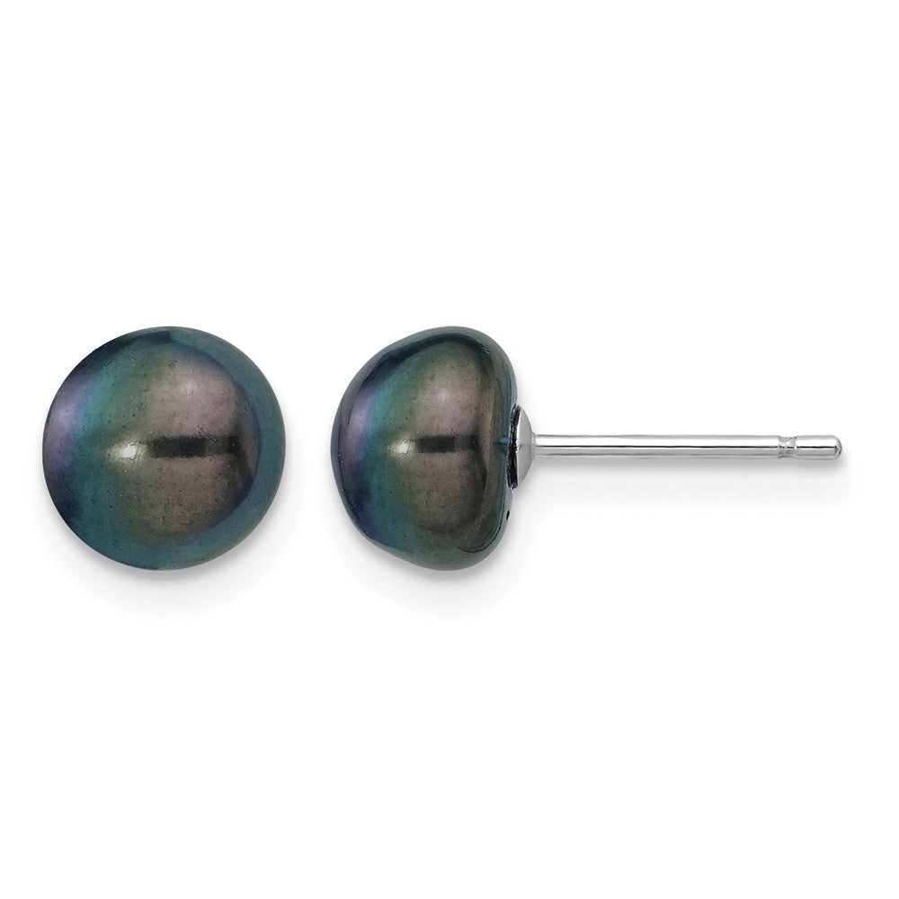 14K White Gold 7-8mm Black Button Freshwater Cultured Pearl Stud Post Earrings