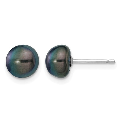 14K White Gold 7-8mm Black Button Freshwater Cultured Pearl Stud Post Earrings