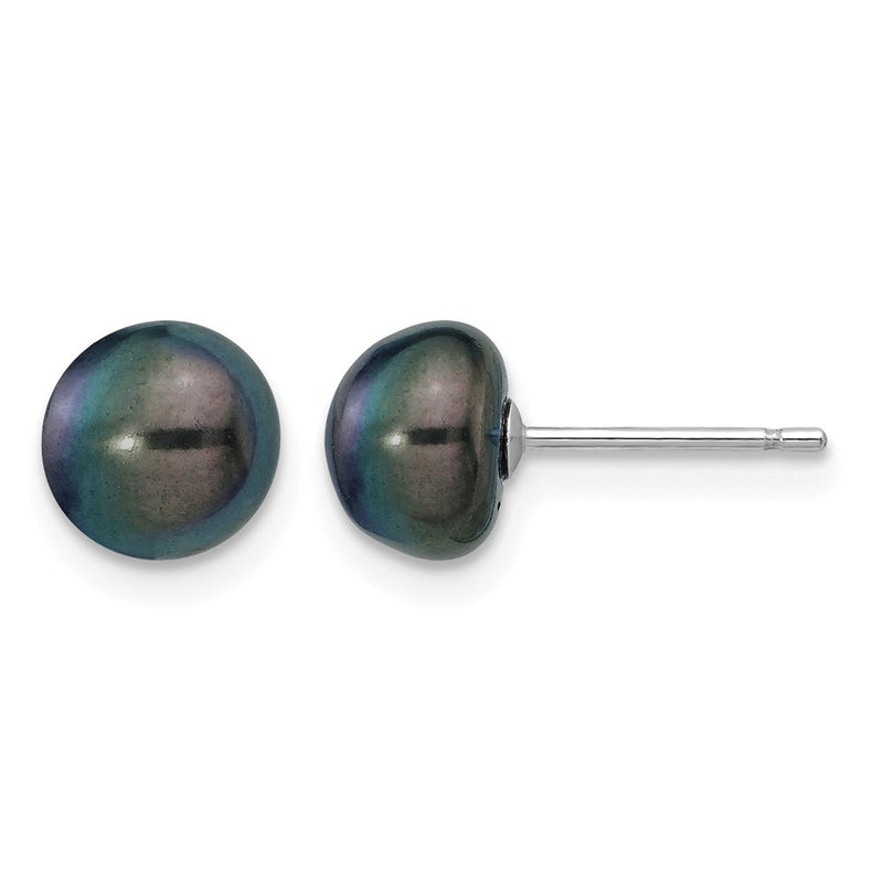 14K White Gold 7-8mm Black Button Freshwater Cultured Pearl Stud Post Earrings