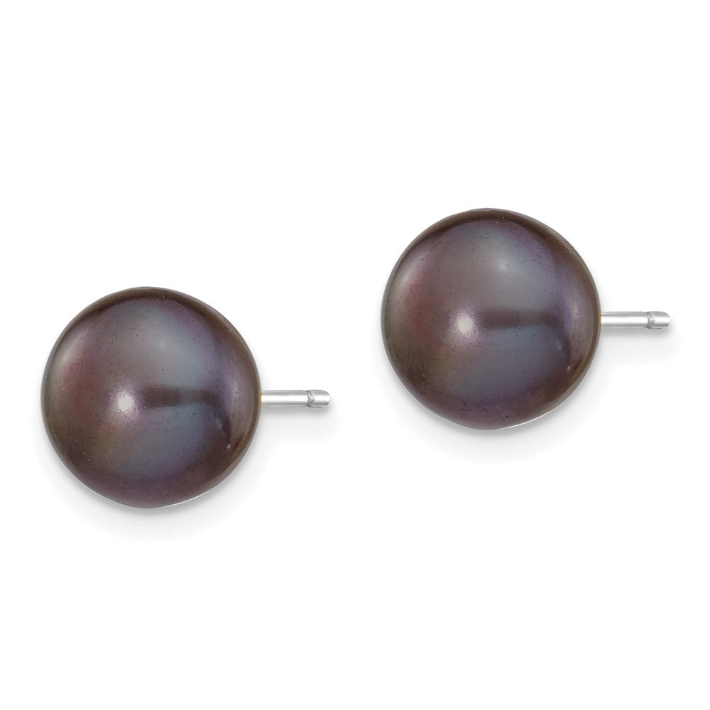 14K White Gold 8-9mm Black Button Freshwater Cultured Pearl Stud Post Earrings