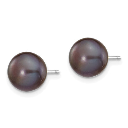 14K White Gold 8-9mm Black Button Freshwater Cultured Pearl Stud Post Earrings