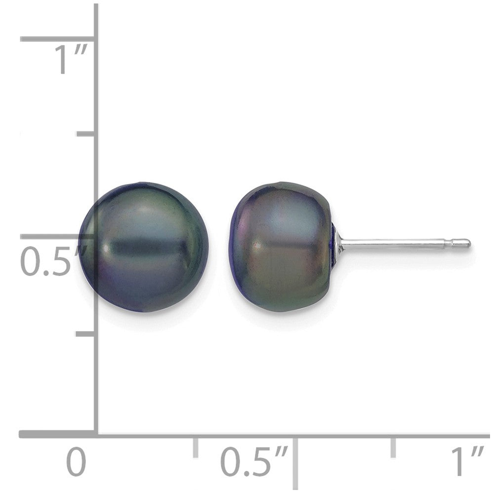 14K White Gold 8-9mm Black Button Freshwater Cultured Pearl Stud Post Earrings