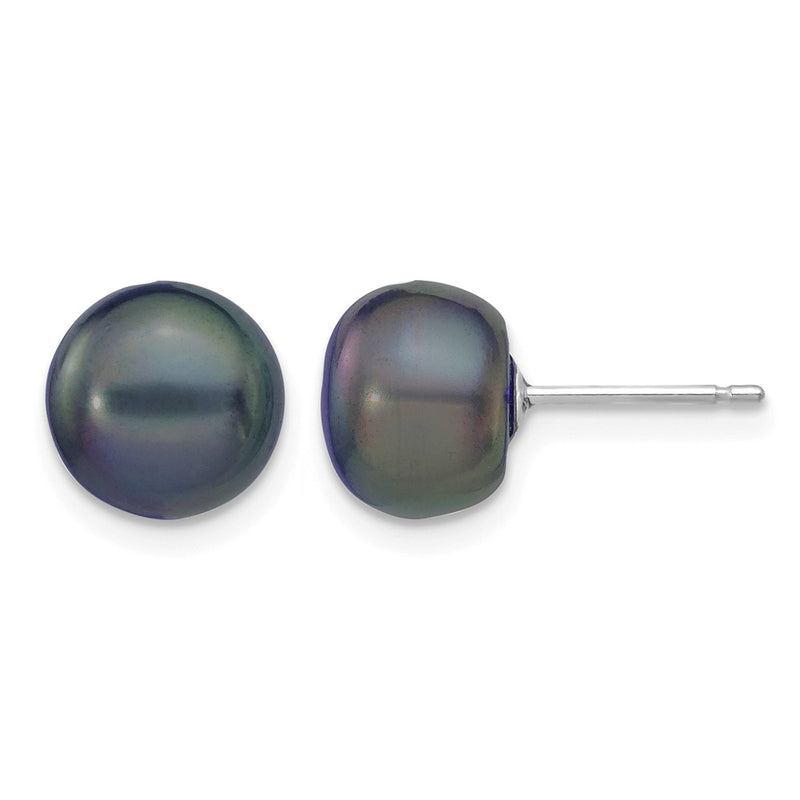 14K White Gold 8-9mm Black Button Freshwater Cultured Pearl Stud Post Earrings
