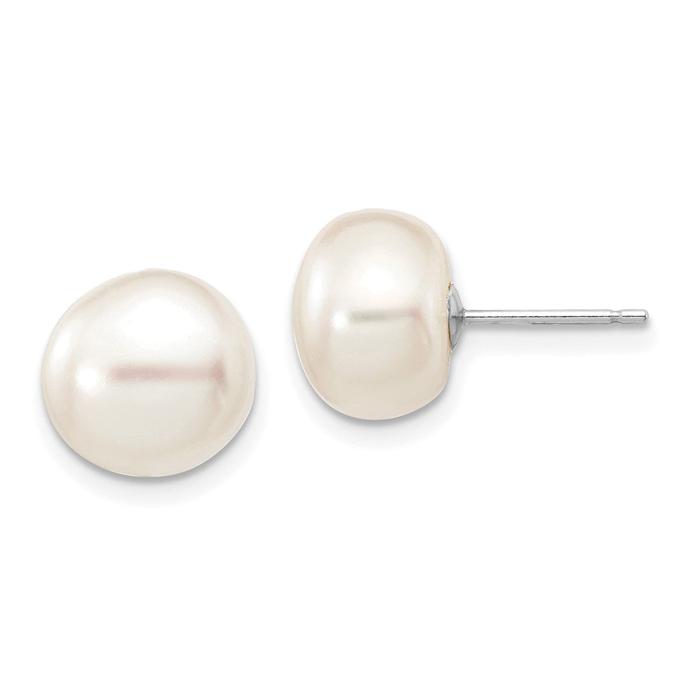 14K White Gold 9 10mm Button Freshwater Cultured Pearl Stud Post Earrings