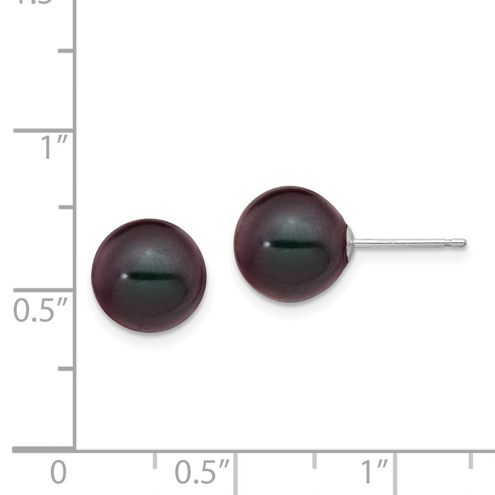 14K White Gold 9 10mm Black Round Freshwater Cultured Pearl Stud Post Earrings