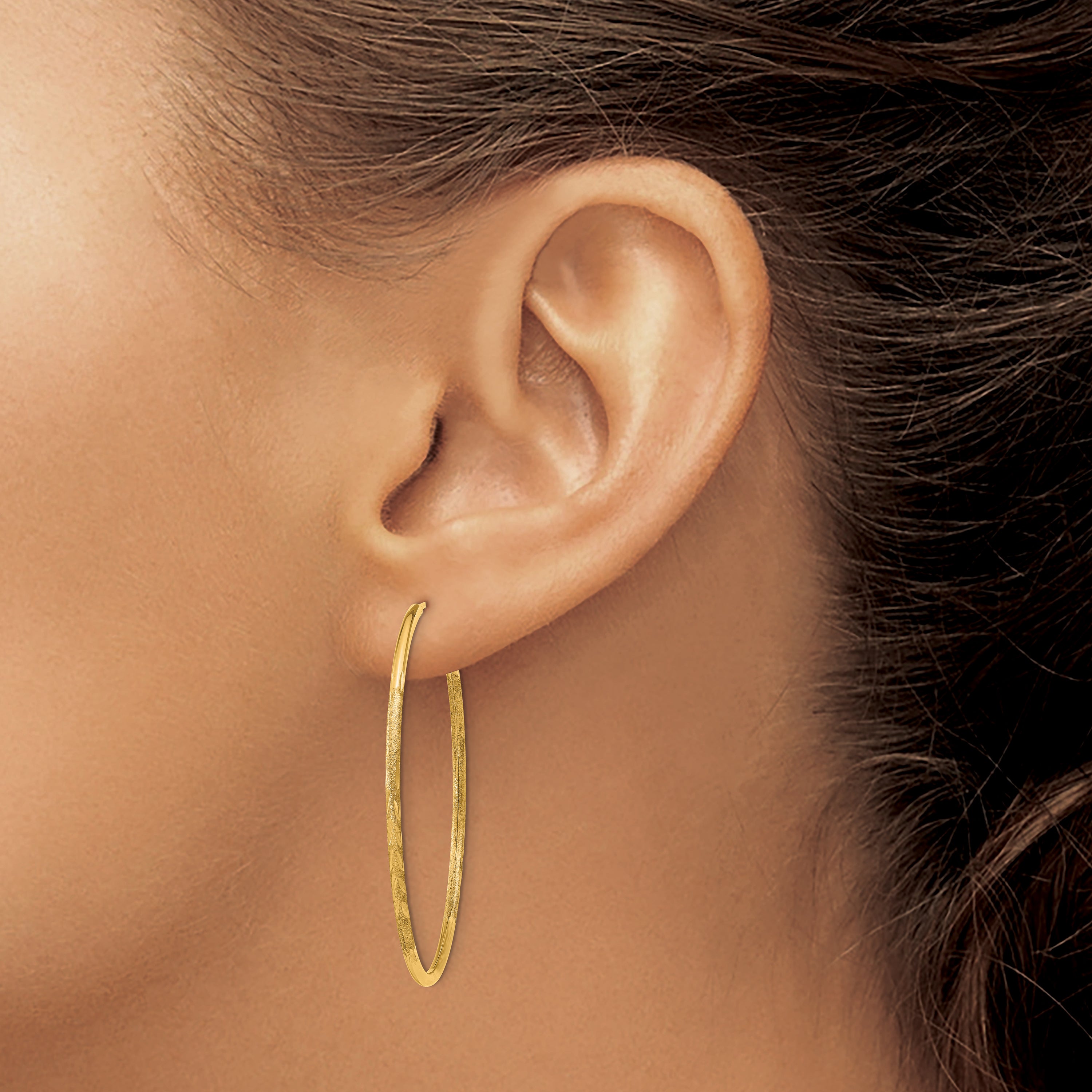14K Yellow Gold 1.5mm Satin Diamond Cut Endless Hoop Earrings