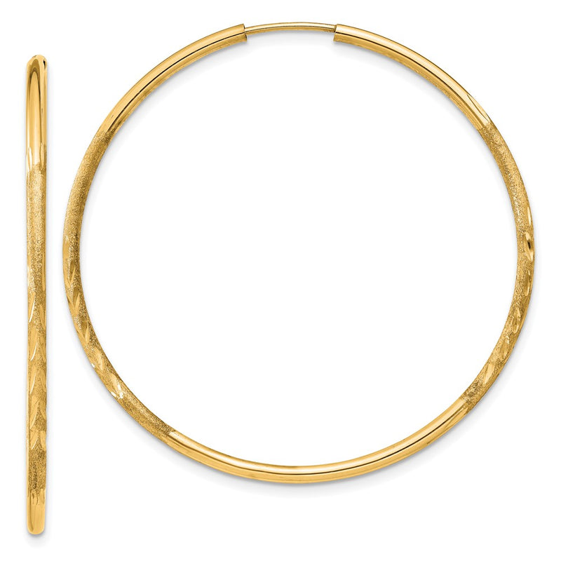 14K Yellow Gold 1.5mm Satin Diamond Cut Endless Hoop Earrings