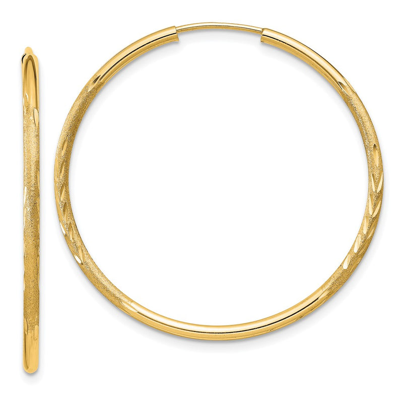14K Yellow Gold 1.5mm Satin Diamond Cut Endless Hoop Earrings