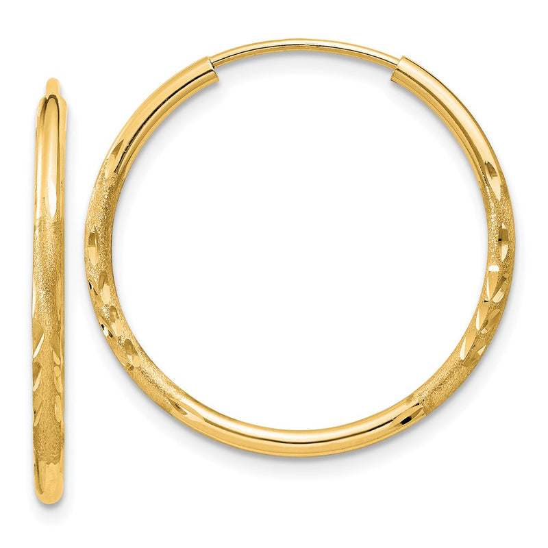14K Yellow Gold 1.5mm Satin Diamond Cut Endless Hoop Earrings