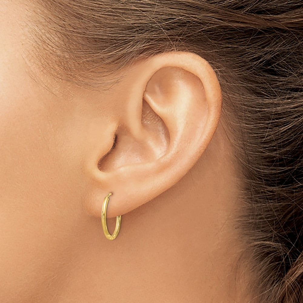 14K Yellow Gold 1.5mm Satin Diamond Cut Endless Hoop Earrings